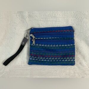 Three pocket travel, wristlet bag blue with cherries, vintage 80s